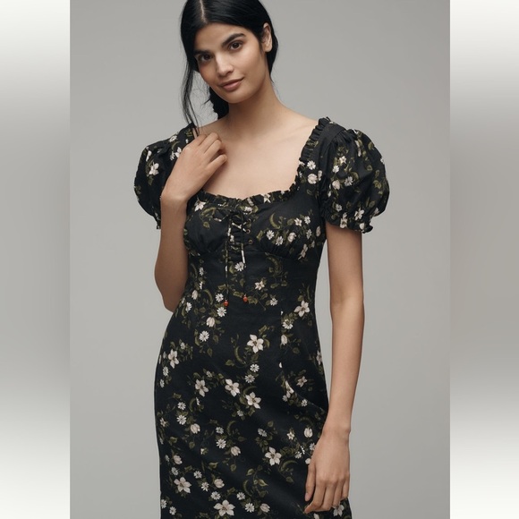 MAEVE LINEN BLEND PUFF-SLEEVE SWEETHEART MIDI DRESS NWT - Picture 12 of 12